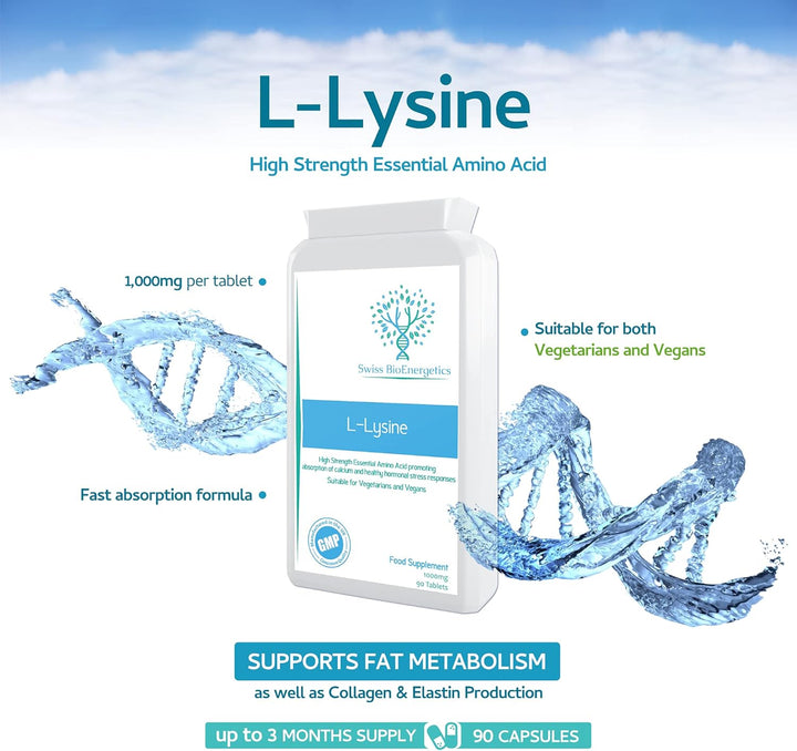 L-Lysine Tablets 1,000Mg 90 Tablets - High Strength Essential Amino Acid Promoting Absorption of Calcium and Healthy Hormonal Stress Responses