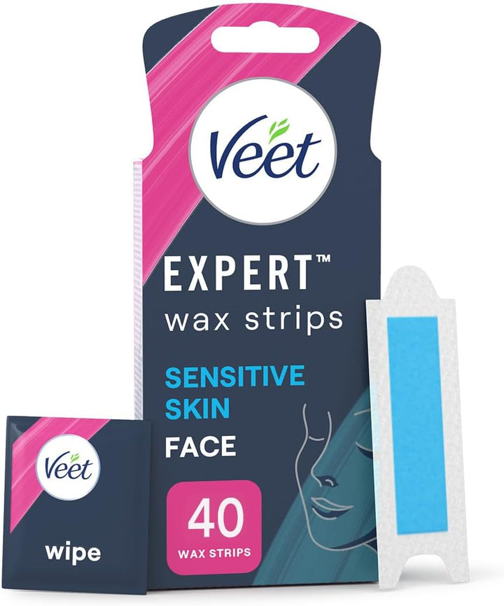 Expert Facial Wax Strips for Women, 40 Count + 4 Finish Wipes, Sensitive Skin Remover with Almond Oil, Dermatologically Tested, Effective Face Solution
