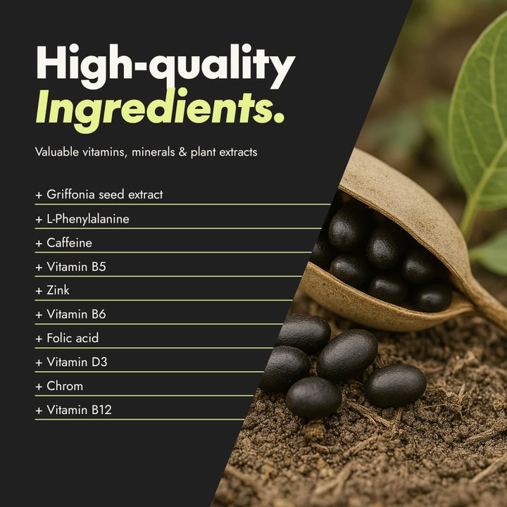 Active Brain Performance (Formerly Happy Energy) | High-Dosed with Griffonia, B Vitamins, Caffeine & Zinc | Vegan & Made in Germany | 60 Capsules (2 Months)