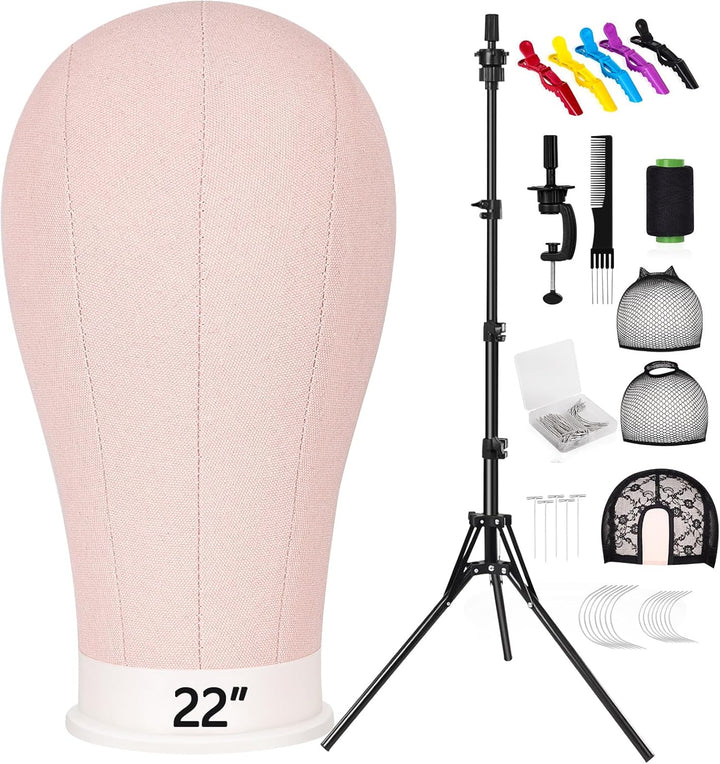 63In Wig Stand Tripod with 22In Head, Canvas Wig Head Stand with Mannequin Head for Wigs Manikin Head Block Set for Wigs Making Display,Beige