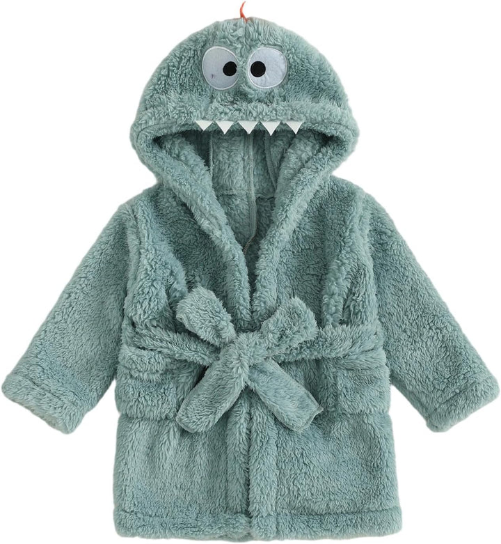 Toddler Boys Girls Bathrobe Cartoon Animal Plush Hooded Long Sleeve Sleep Robe Dinosaur Fleece Pajamas Dressing Gown Soft Cosy Velvet Warm Embroidery Sleepwear