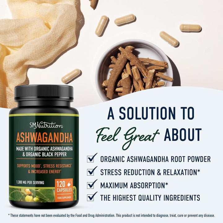 Ashwagandha 1300Mg | Ashwagandha Root Powder & Black Pepper Extract | High Absorption Adaptogen for Stress Relief, Mood & Thyroid Support | Vegetarian, Gluten-Free | 120 Capsules, 2-Month Supply