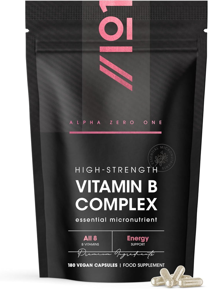 Vitamin B Complex - All Eight B Vitamins for Energy Support – 180 Vegan Capsules - B1,B2,B3,B5,B6,B12 & D3 - Resealable and Recyclable Pouch by