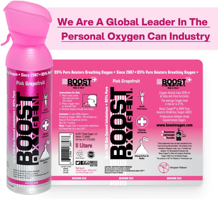 Cylinder - Portable Oxygen Cylinder for Breathing up to 100 Uses | Pink Grapefruit Pure Oxygen Can Promotes Free Breathing, Assists with Hangovers, Colds, & Revitalizes Lungs 5L