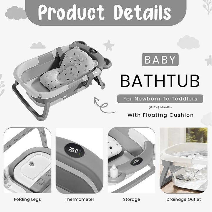 Collapsible Baby Bath Tub with Thermometer - Baby Bath Support for Newborn Bath - Portable Bathtub with Drain Plug for Travel - anti Slip Tub with Shower Jug and Toy 0-24 Months (Grey)