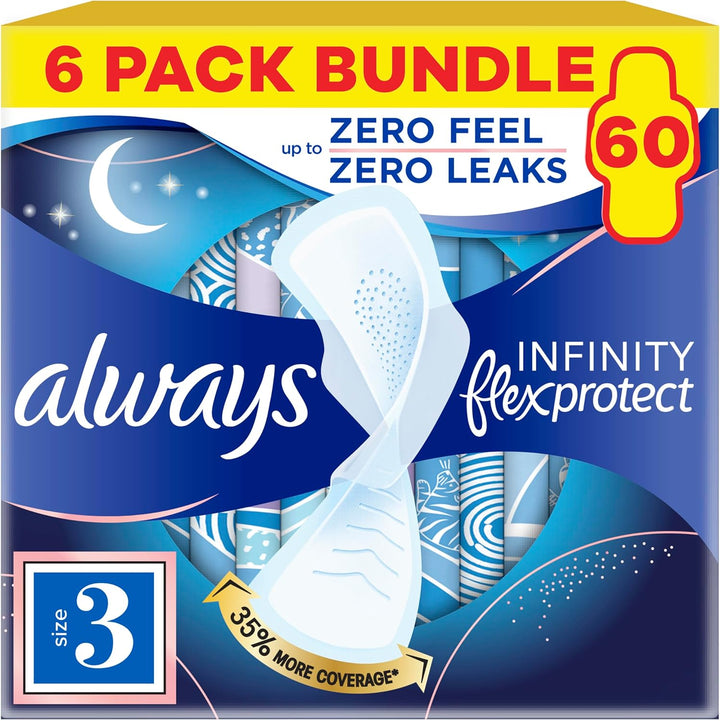Infinity Flexprotect Sanitary Towels, Size 3 Night, 6 Packs of 10 Count, Unscented, for up to Zero Feel & Zero Leaks, Super Absorbent & Flexible Protection