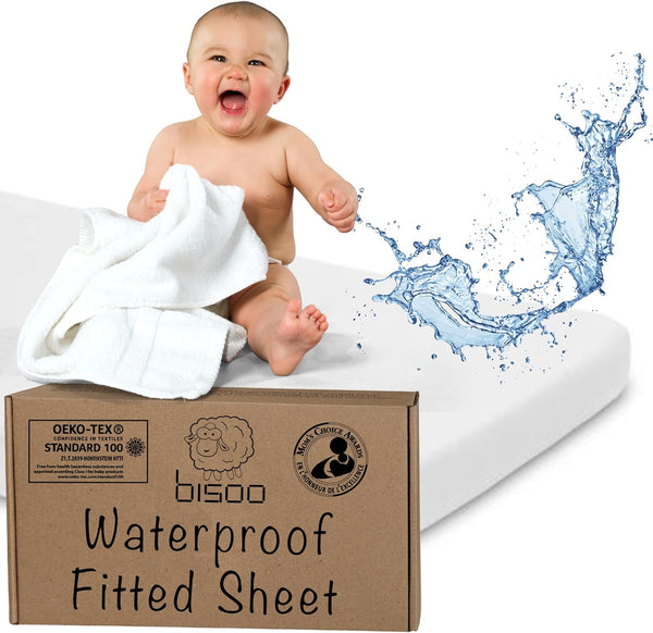 Toddler Bed Waterproof Fitted Sheet 130 X 80 / 32X52-2In1 Fitted Sheet Mattress Protector Made of 100% Jersey Oeko-Tex + PU for Junior Cot Bed - Soft & Silent - White