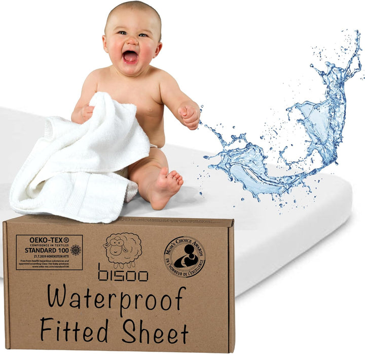 Toddler Bed Waterproof Fitted Sheet 130 X 80 / 32X52-2In1 Fitted Sheet Mattress Protector Made of 100% Jersey Oeko-Tex + PU for Junior Cot Bed - Soft & Silent - White