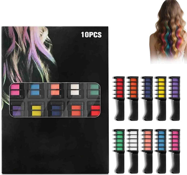 10 Colors Festive Fun Hair Chalk Combs, New Chalk Hair Color for Girls, Temporary Wash Out Hair Color Kids, Christmas Girl Gifts, Skin Safe Materials (1Set)
