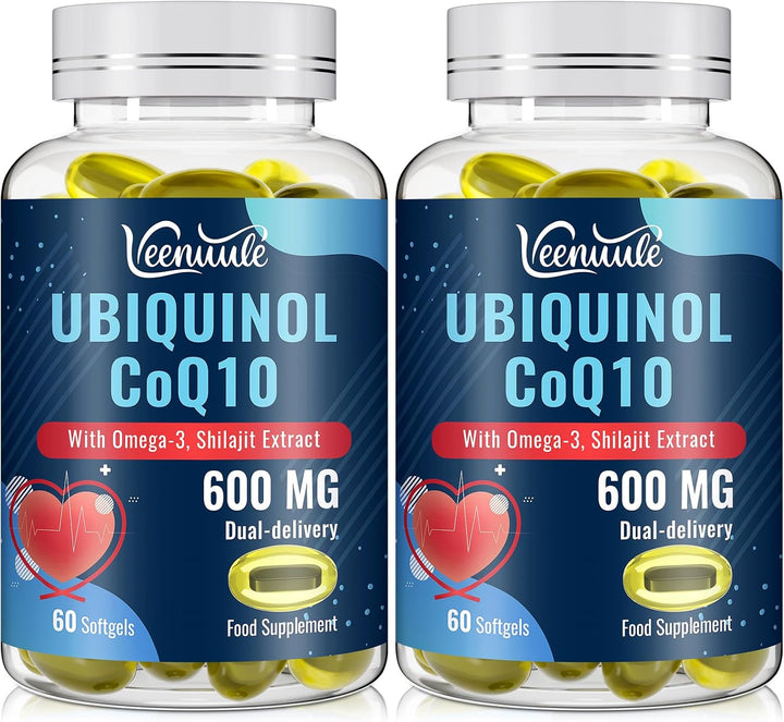 Ubiquinol Coq10 600Mg Softgels with Shilajit Extract 300Mg, Omega-3 150Mg - Dual-Delivery System - Enhanced Absorption for Maximum Active Coq10 Utilization (60 Count, Pack of 1)