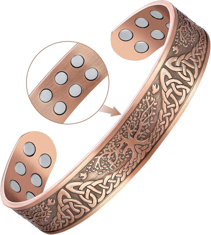 Copper Bracelets for Men Women,Tree of Life and Celtic Knot Design Copper Magnetic Bracelets Cuff Bangle with 12Pcs Powerful Magnets(Each 3800 Gauss), Brazaletes Jewelry with Gift Box