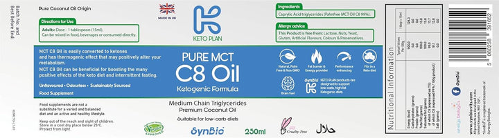 Keto Plan - Pure MCT C8 Oil [Palm Oil Free] | 99% Pure C8 | Vegan | Halal | Gluten Free | Supports Keto Nutrition & Fasting | Sustainably Sourced Coconut (250Ml)