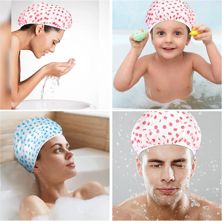 Nimxy Pack of 4 Shower Cap, Reusable Shower Caps for Women & Men - Waterproof with Elastic Band & Soft Lining (Dotted)
