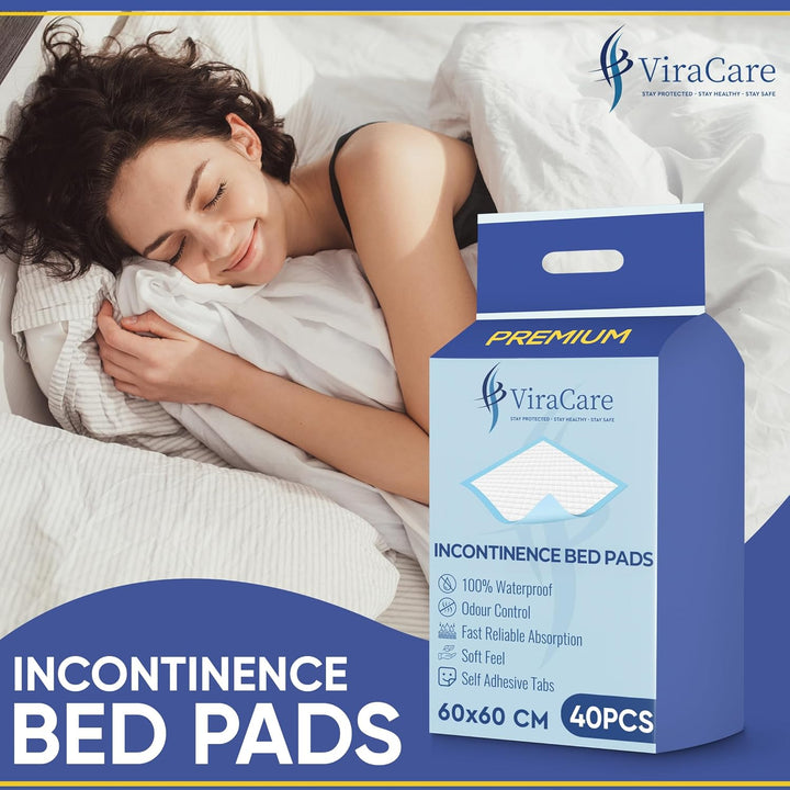 40 X Premium Incontinence Bed Pads | 60 X 60 Cm | Incontinence Bed Sheets | Disposable Mattress Protector | Self Adhesive Tabs | Absorbent Pads | (1 Pack of 40)