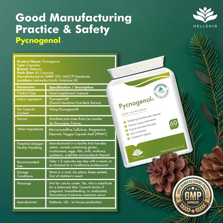 Pycnogenol® French Maritime Pine Bark Extract - 60 Capsules | Providing Naturally Powerful Bioflavonoids | High Bioavailability Pycnogenol | Suitable for Vegans - Made in the UK by