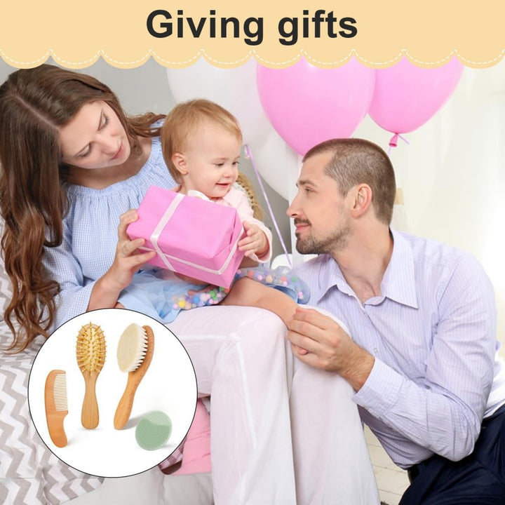Baby Hair Brush and Comb Set - 4Pcs Toddler Hair Brush with Soft Bristles, Natural Wooden Handle Baby Grooming Kit for Newborns, Baby Essentials, Cradle Cap Brush