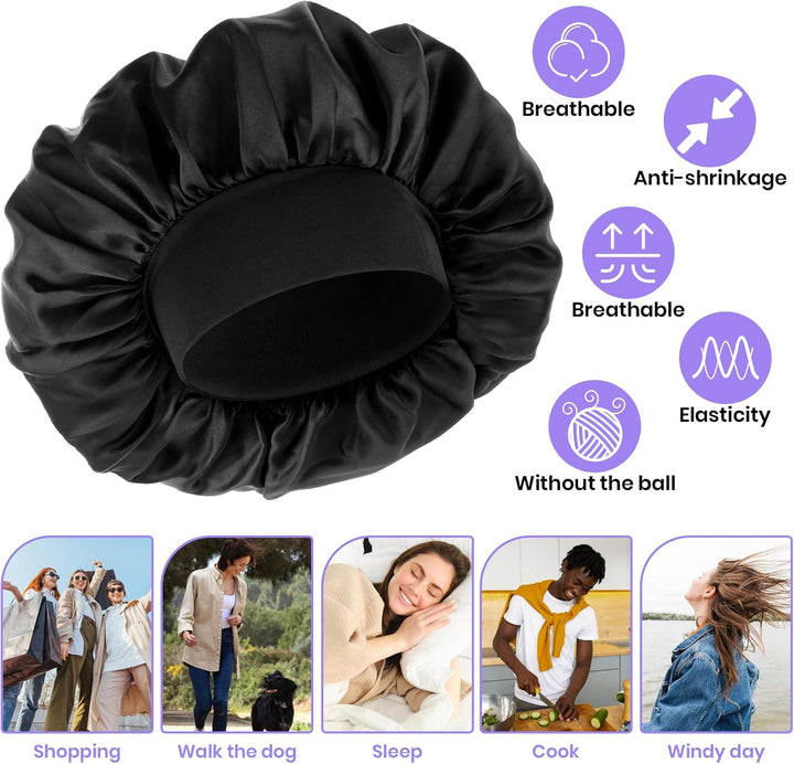 Silk Bonnet for Men, Satin Bonnet Single Layer Elastic Band Silk Sleep Cap Black Soft Adjustable Hair Cap Hair Wrap Large Bonnets for Women Sleeping