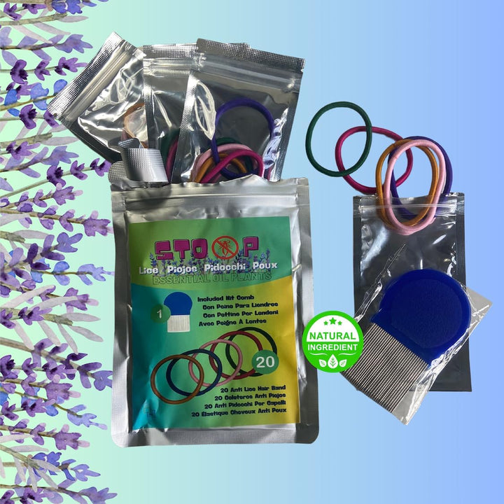 Hair Bobbles against Lice + Nit Comb | Pack of 20 with Zip Pocket | 100% Natural with Essential Oils | Helps Prevent Lice Naturally