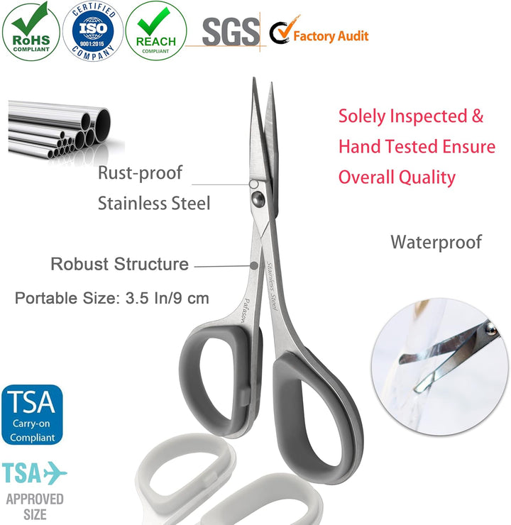 Ultra Sharp Beard Scissor Set, High Precision Straight Curved round Tip Mustache Facial Nose Hair Trimming Tool, Stainless Steel, Safety Case, Premium Leather Pouch