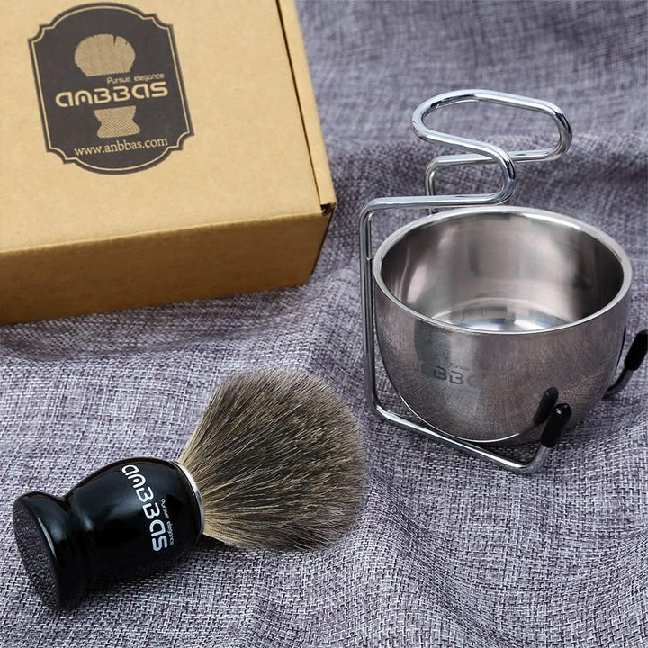 Pure Badger Shaving Brush with Wood Handle,Stainless Steel Shaving Stand and Shaving Soap Bowl Perfect for Men Wet Shave
