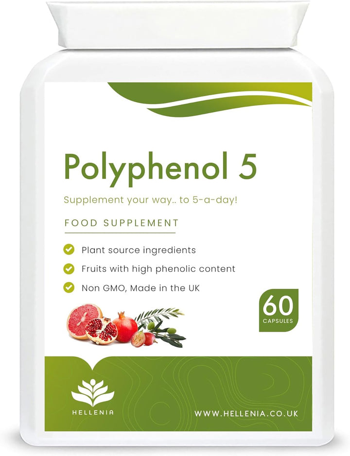 Polyphenol 5 - Pure 5-A-Day Fruit & Veg Dietary Antioxidants & Poluphenols | 60 Capsules - High Strength Polyphenol Supplement | Vegan | GMP Certified Product - Made in the UK by