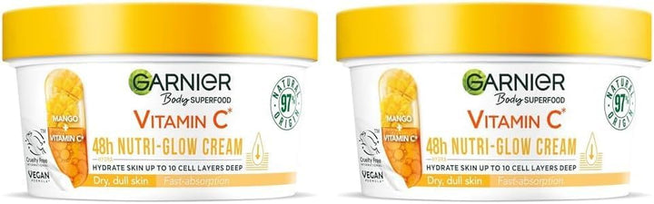 Body Superfood, Nutri Glow Body Cream, Vitamin C & Mango, for Dry & Dull Skin, Brightening & Glowing, Nourishing & Fast Absorbing, Vegan Formula, Approved by Cruelty Free International, 300Ml