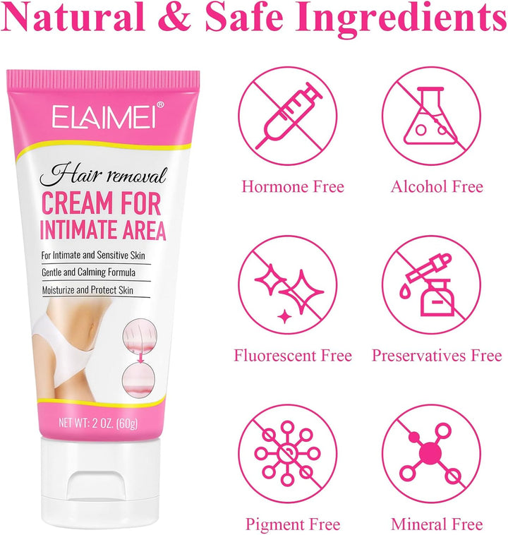 Hair Removal Cream 60G for Genitals, Painless Remover for Sensitive Skin, Pubic, Body, Private Areas and Underarms for Women and Men
