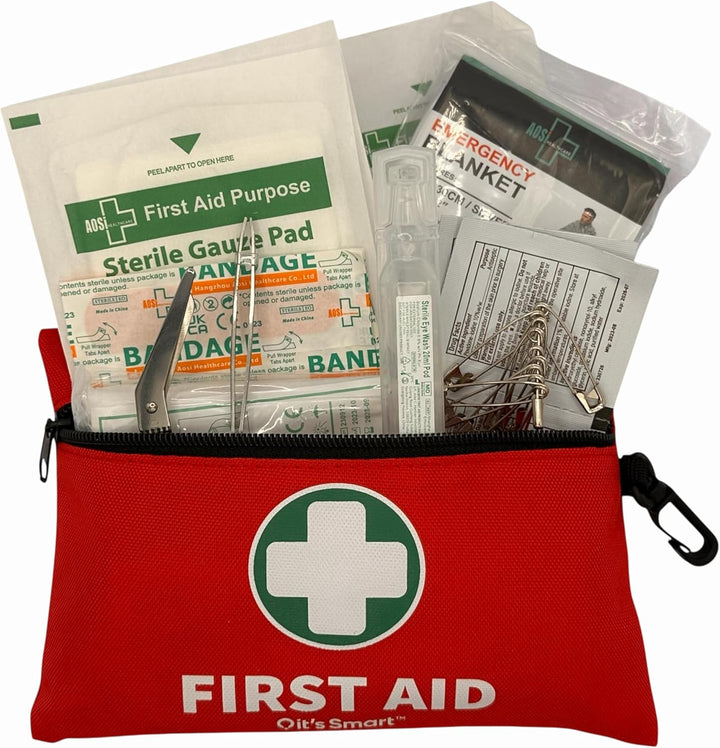 Premium First Aid Kit 110 Pieces - for Travel Essentials, Hiking, Home, Camping and Car - Includes Emergency Blanket, Plasters, Bandages, Eyewash and Other First Aid Essentials - Red