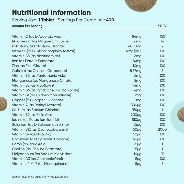 Multivitamin Tablets for Women & Men - 27 Essential Nutrients - 400 Small Tablets - 1+ Year Supply - Tasty Peppermint Flavour - Vegan Multi Vitamins & Minerals like Vitamin D, C, Calcium, Iron & Zinc