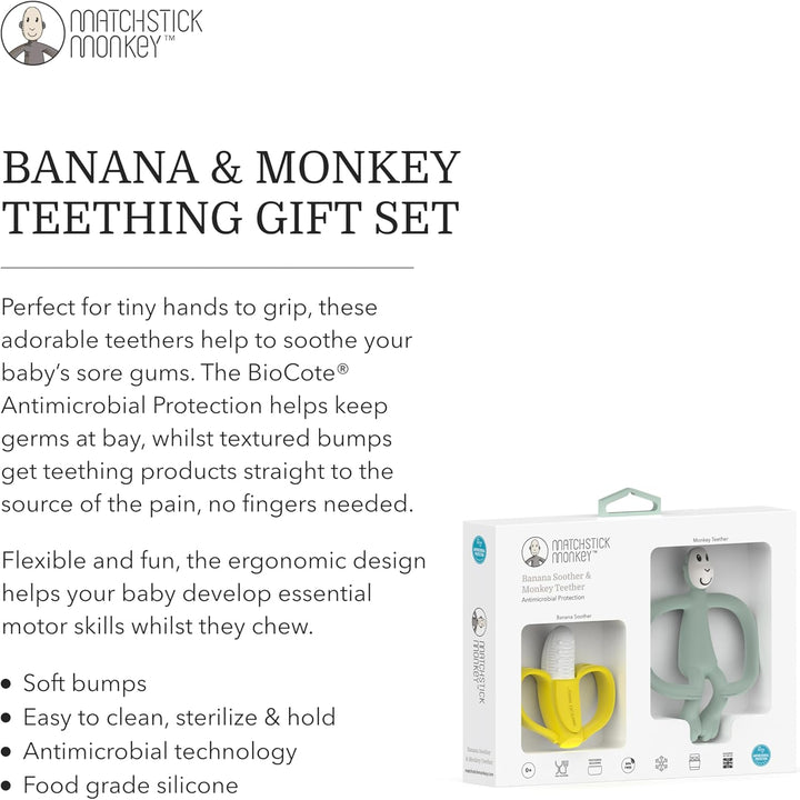 , Antimicrobial Teething Gift Set - 1 Banana Shaped Soother and 1 Animal Teether, 3 Months Old+, Banana & Monkey