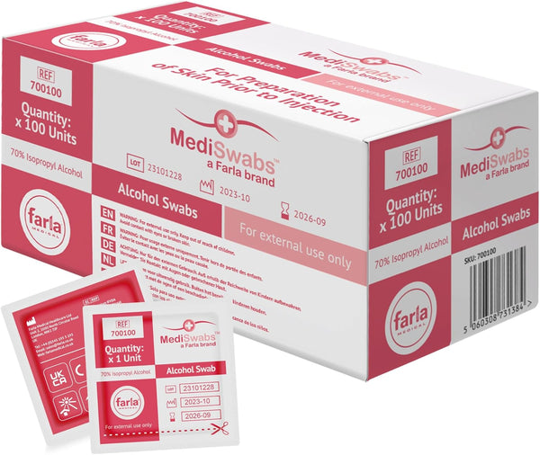 Mediswabs Pre Injection Alcohol Wipes (X100), Antiseptic Wipes with 70% Isopropyl Alcohol Sachets, Individually Wrapped Disposable Wound Cleaning Wipes, First Aid/Medical Use