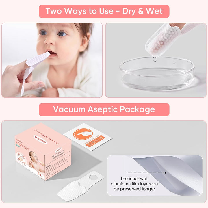 40Pcs Baby Finger Toothbrush, Dry Wipes Baby Toothbrush, Baby Tongue Cleaner, Newborn Tooth and Gum Wipes, BAB Y Oral Cleaner, Infant Toothbrush Mouth Clean for 0-36 Month