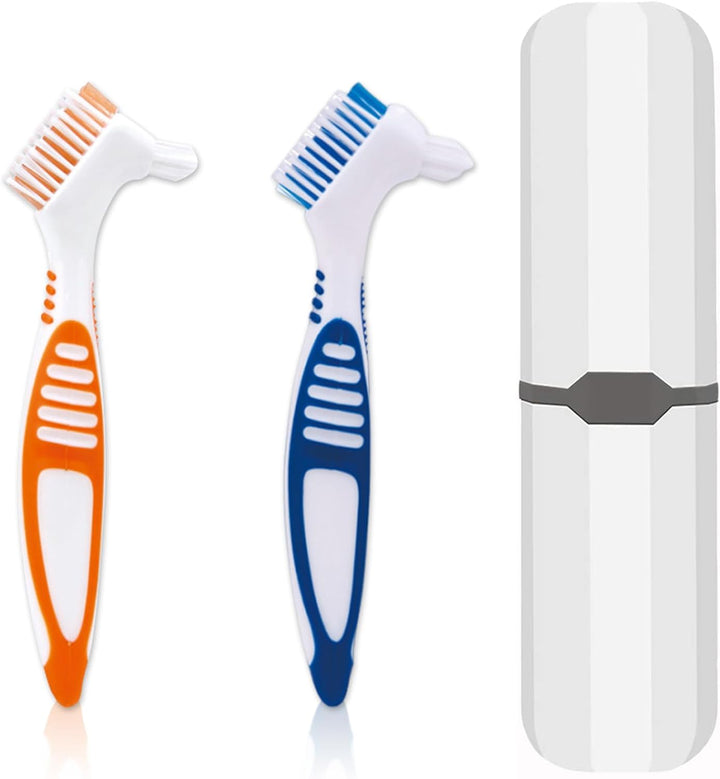 Denture Brush, 2 Pcs False Teeth Toothbrush with White Carrying Case, Multi-Tiered Bristles with Comfort Grip Handle for Effective Denture Cleaning