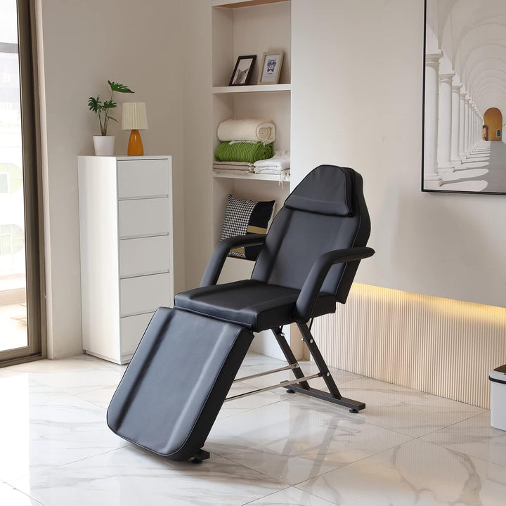 Beauty Bed with Stool Massage Table with Head Cushion 3 Section Adjustable Beauty Bed Professional Tattoo SPA Salon Chair (Black)