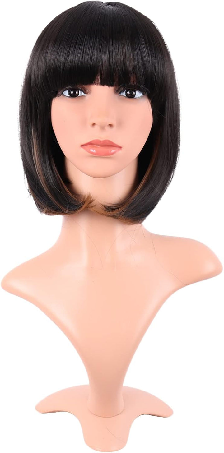 Natural Short Straight New Wigs Flat Bangs Wigs-Black-Ladies