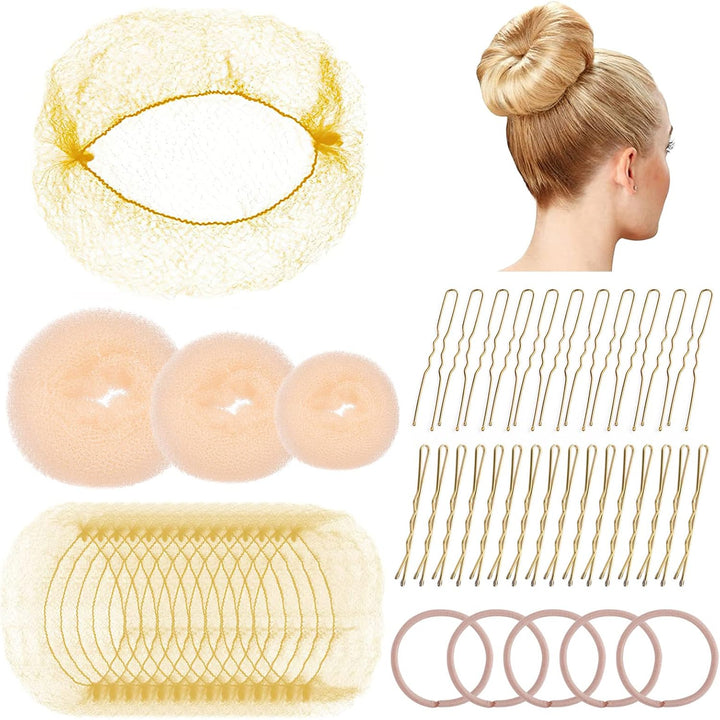 Hair Bun Net, 68PCS Easy Hair Styling Tools- Include Ballet Hair Nets, Hair Doughnut, U Shaped Hair Pins, Bobby Pins and Hair Bands, Hair Bun Maker, Brown Bun Rings for Women Girls Hair Accessories