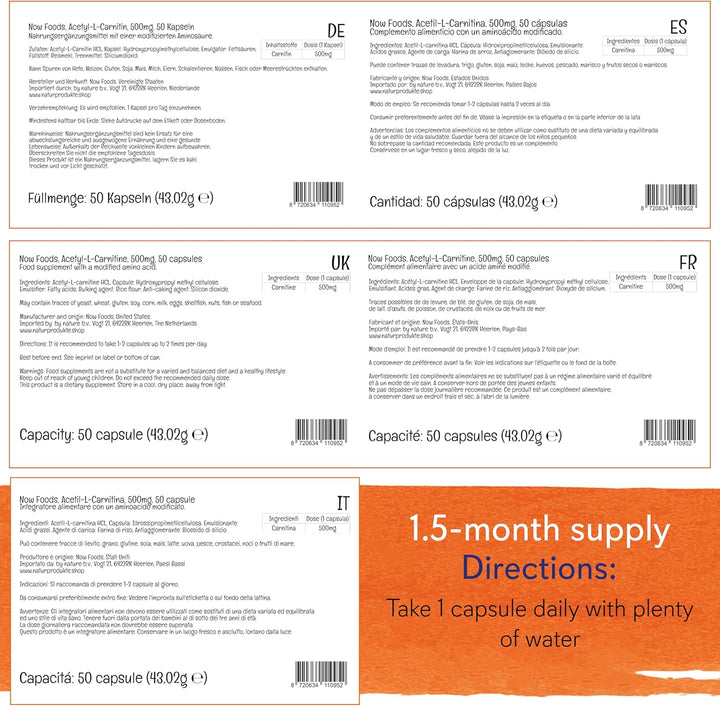 Foods, Acetyl-L-Carnitine, 500Mg, 50 Vegan Capsules, Lab-Tested, Amino Acid, Gluten Free, SOYA Free, Vegetarian