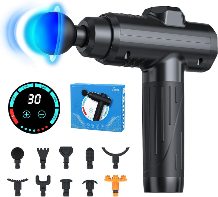 Massage Gun Deep Tissue, Portable Muscle Massage Device with 10 Massage Heads, 2025 Upgraded 30 Speeds Massager with LCD Touch Screen for Body Back Shoulder Muscle Relaxation
