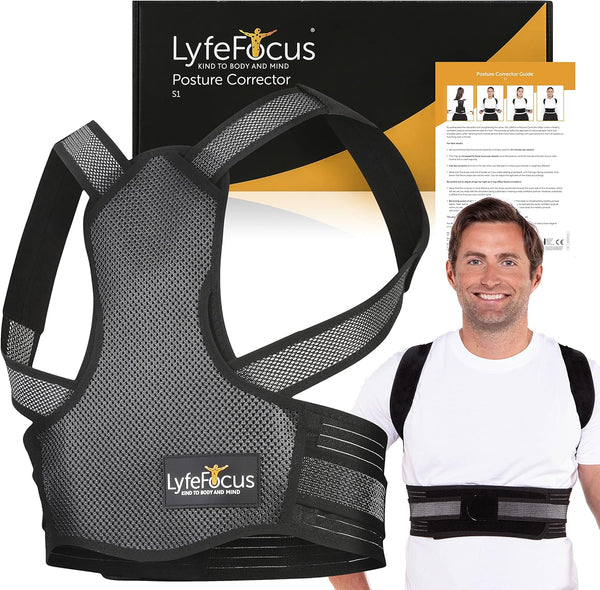 S1 Premium Breathable Back Posture Corrector for Men & Women - Upper Back Support, Back Brace & Straightener - Effective Posture Correction for Neck, Shoulder & Back Pain (Black, Large)