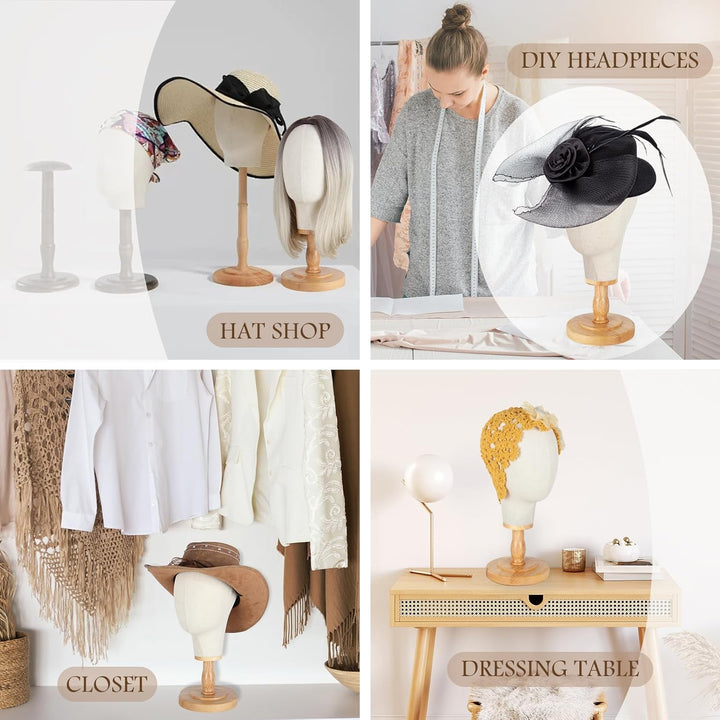 Canvas Wig Stand Mannequin Head for Hat Display, 21" Neutral Canvas Head with Detachable Wooden Base, Display Headdress Helmet Bridal Veil Wedding Headpiece Glasses Headdbands, Unpinnable