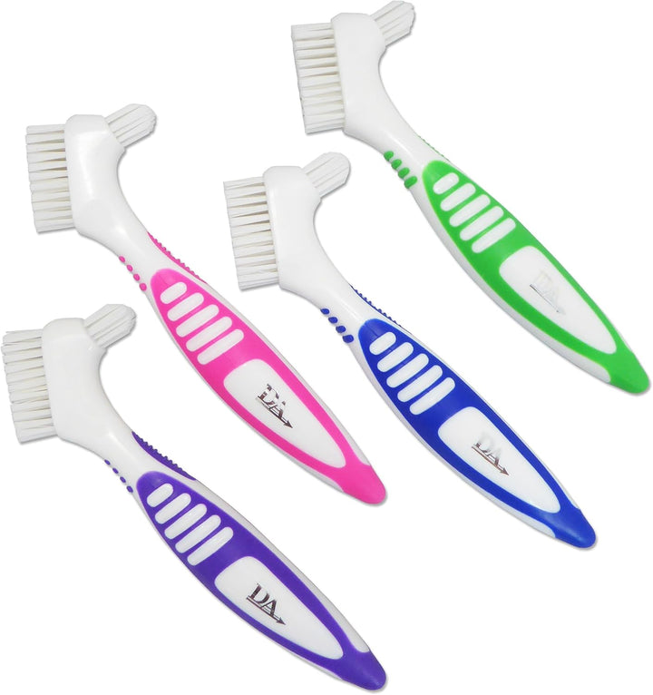 4 X Denture Brushes ~ Rubber Grips, Easy Hold Handle, Double Bristle Head