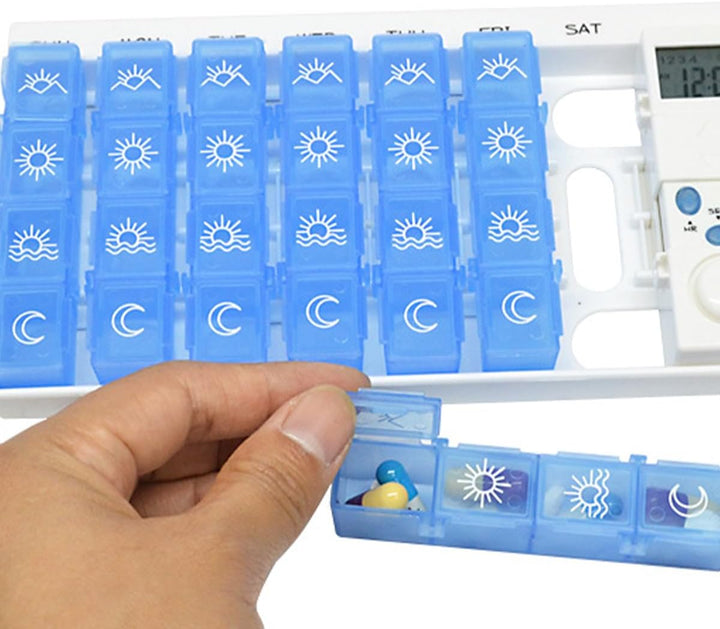 Pill Dispenser Box Pill Box Reminder 7 Day 28 Grid Medication Reminder Electronic Pill Timer for Patients Elderly Travelers
