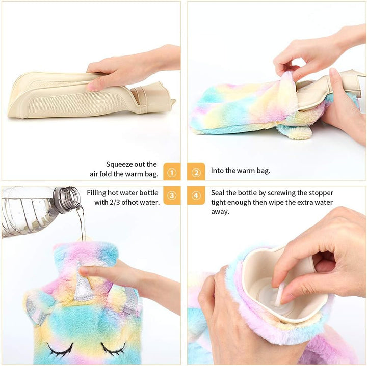 Hot Water Bottle with Cover,Removeable & Washable Soft Unicorn Bottle Cover,Natural Rubber 1 L (Yellow)