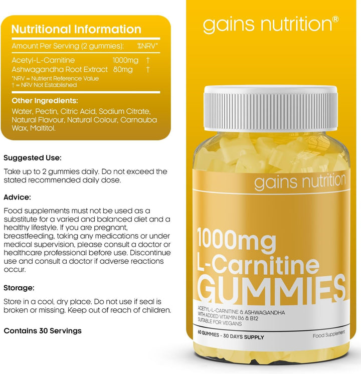 GN Acetyl L Carnitine Gummies | 60 L-Carnitine Gummies for Men & Women - 1000Mg Acetyl-L-Carnitine per Serving with Ashwagandha, Vitamins B6, B12 | Mango Flavour, Non-Gmo & Suitable for Vegans