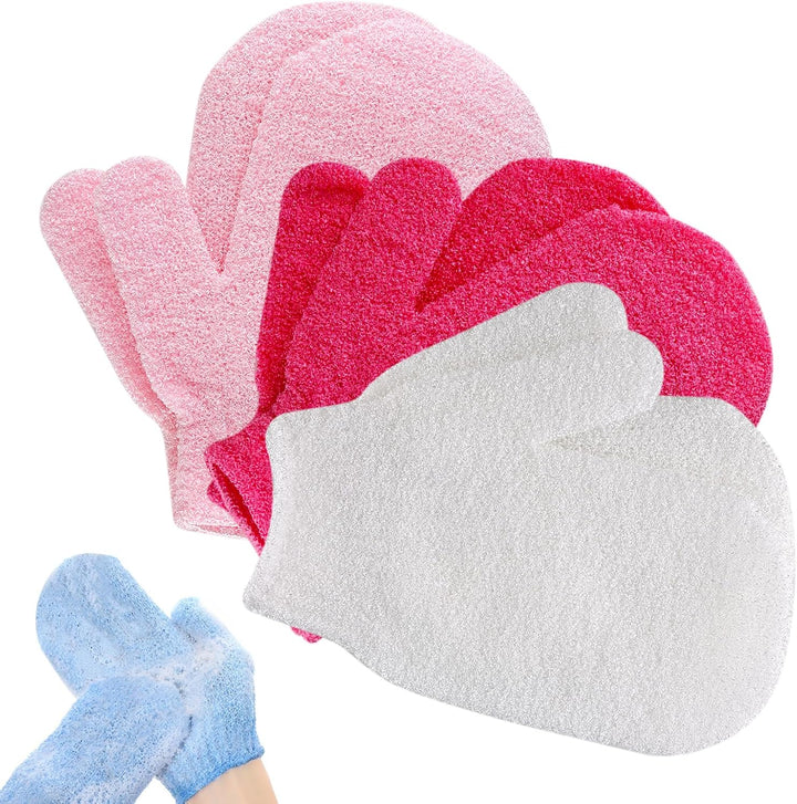 Exfoliating Gloves 6Pcs Bath and Body Exfoliator Mitts, Bamboo Shower Gloves, Scrubs Away Ingrown Hair and Dead Skin, for Shower, Spa, Massage and Dead Skin Cell Remover Loofah (Pink, Rose Red, White)