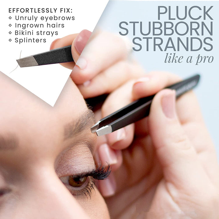 Eyebrow Tweezers – Professional, Stainless Steel, Slanted Ingrown Hair Tweezers - Precision Splinter, Blackhead, Tick and Facial Hair Remover for Women and Men - Stocking Fillers