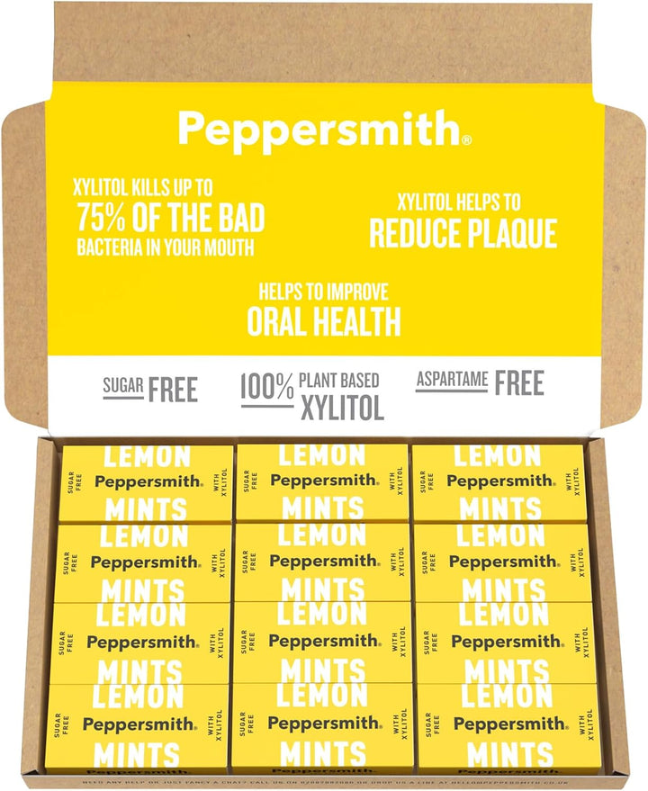 - British Peppermint Mints - 100% Plant Based Xylitol - Breath Freshener - Sugar Free Mints - Benefits Oral Health - Pocket Packs - 12X15G