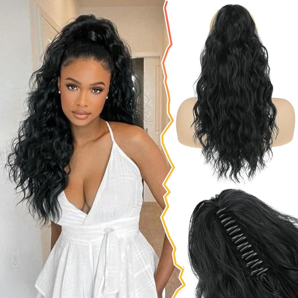 Ponytail Extension, Black Hair Claw Clip in Extensions Long Curly Wavy Hairpieces Drawstring for Natural Soft Synthetic Daily Use Party (18'', Black), 18 Inch
