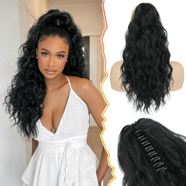 Ponytail Extension, Black Hair Claw Clip in Extensions Long Curly Wavy Hairpieces Drawstring for Natural Soft Synthetic Daily Use Party (18'', Black), 18 Inch