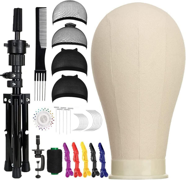 23 Inch Canvas Mannequin Head Block for Wig Making & Display, Tripod Stand with Wig Caps, T & C Pins Set, Bristle Brush